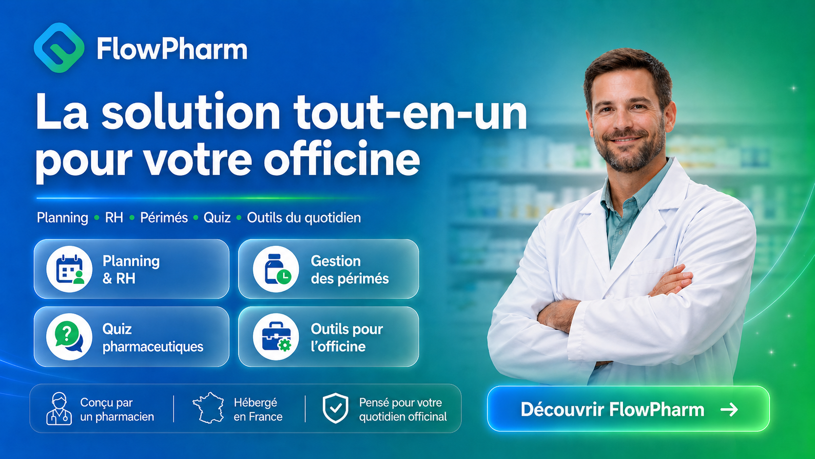 présentation des différentes options de flowpharm : gestion de planning, gestion des RH, gestion des périmés, quiz pharmaceutiques, divers outils pour l'officine